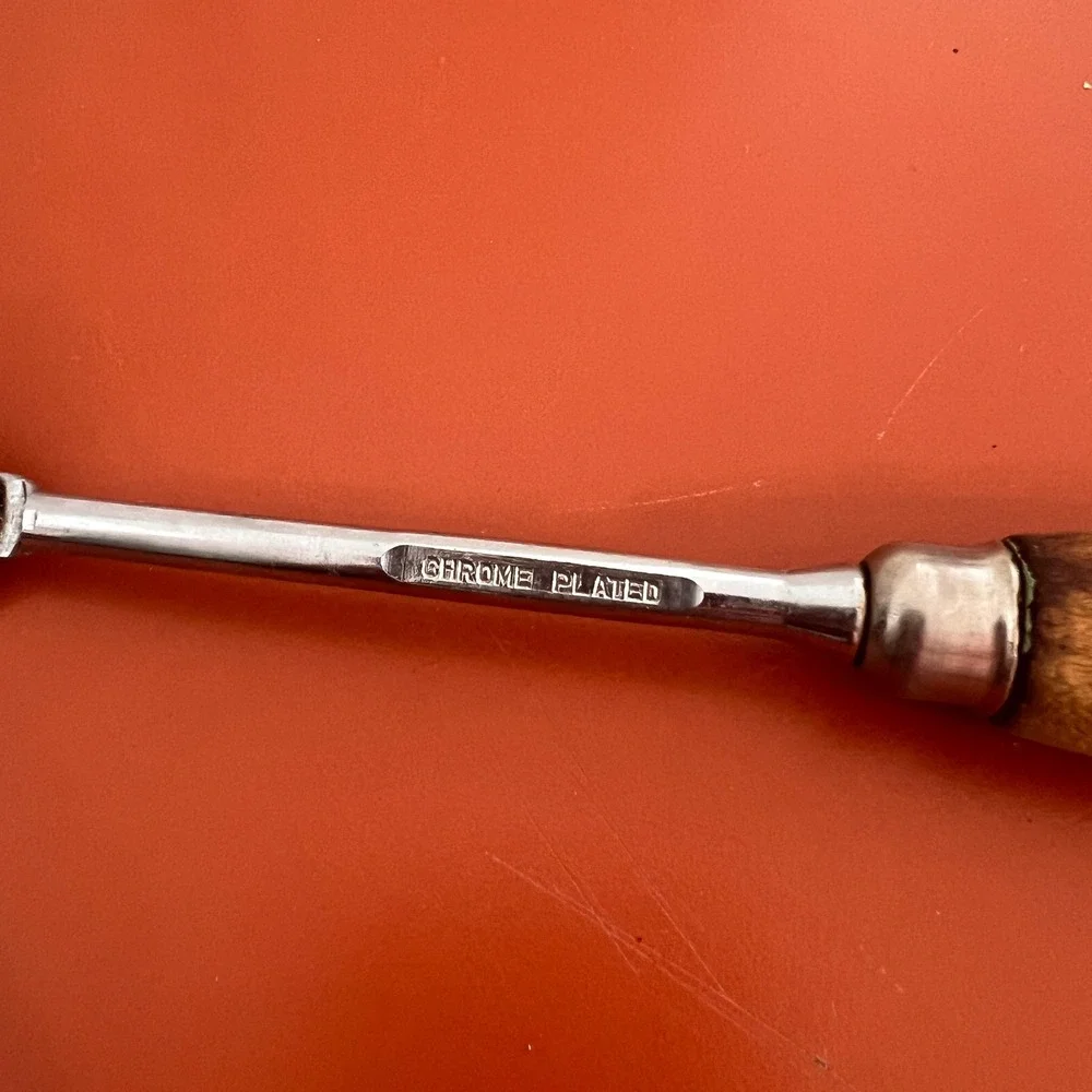 VTG EKCO A&J Slotted Spoon Chrome Plated Wood Handle USA Kitchen Tool 11.75in